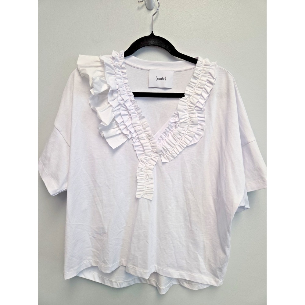 (Nude) White Ruffle Sleeve V-Neck Top Size 40 M Made in Italy 100% Cotton NWOT